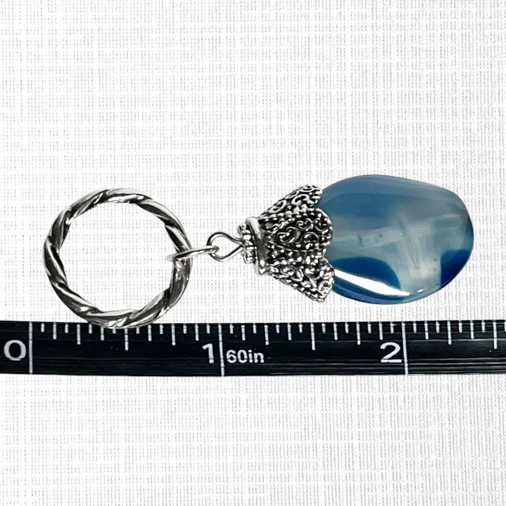 Glass Imitation Agate Stone Pendant Charm Silver Tone Blue Swirl Chunky Jewelry